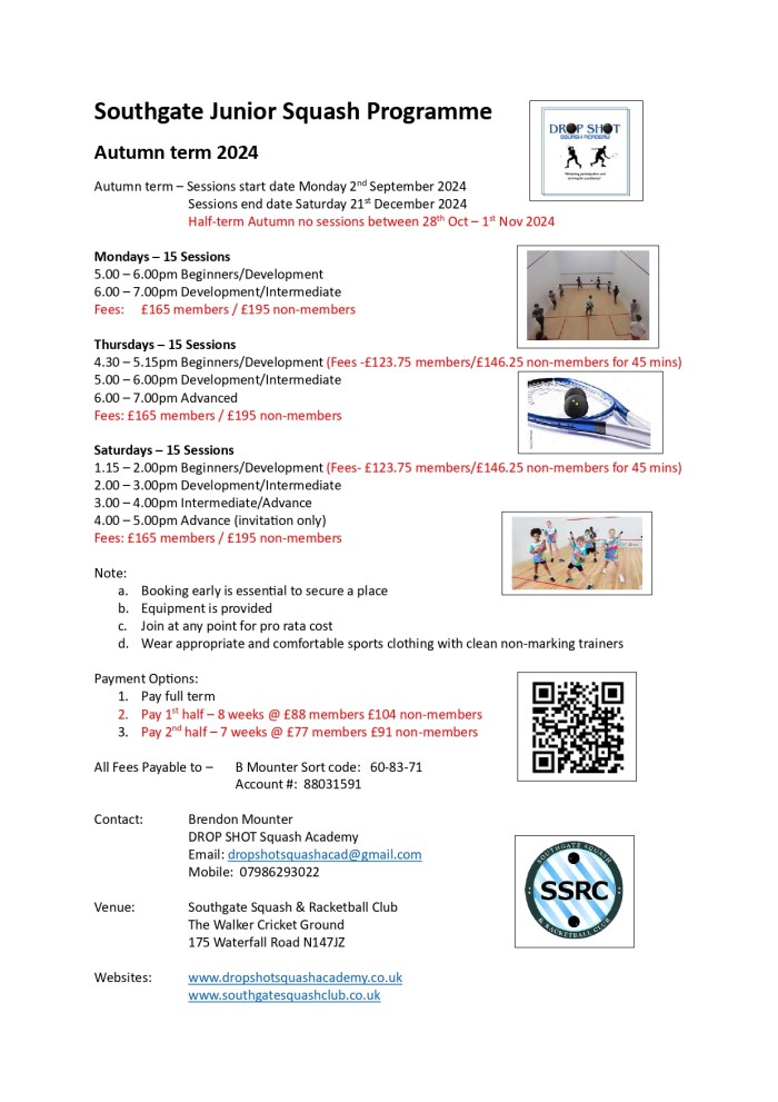 SSRC Junior Squash Programme Autumn Term 2024